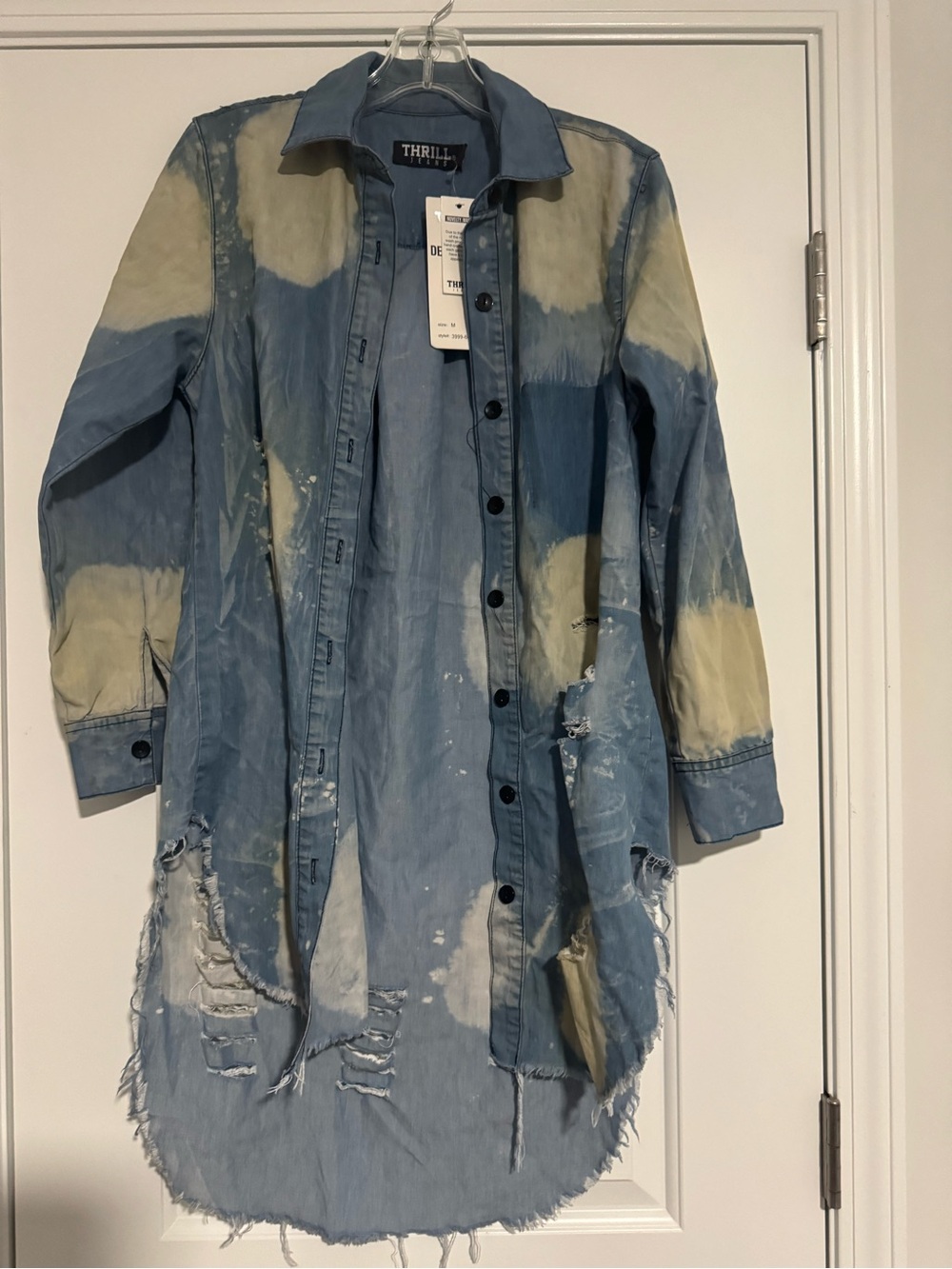 Thrill Distressed Bleach-Effect Denim Shacket in Blue & Cream